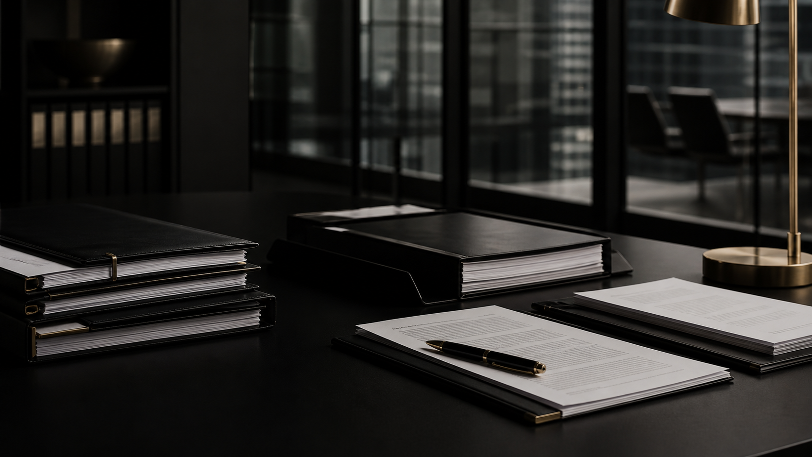 Organized litigation files on a dark conference table